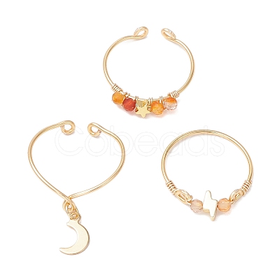 3Pcs Copper Wire Wrapped Gemstone Faceted Round Bead Finger Rings for Women RJEW-JR00887-1