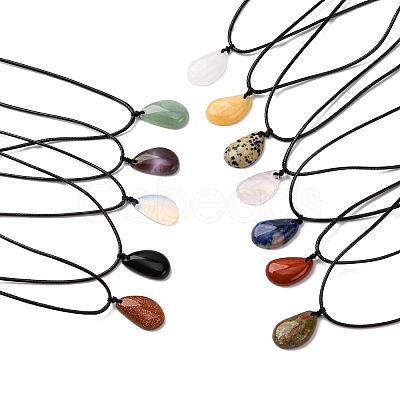Natural & Synthetic Mixed Gemstone Teardrop Pendant Black Waxed Cord Adjustable Necklaces NJEW-G169-01-1