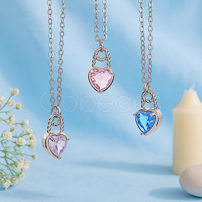 4Pcs 4 Colors Heart Brass Cubic Zirconia Pendant Necklaces for Women NJEW-HY0001-28-1