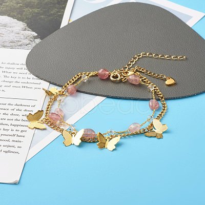 Natural Strawberry Quartz Beads Anklets Set for Girl Women AJEW-AN00450-03-1