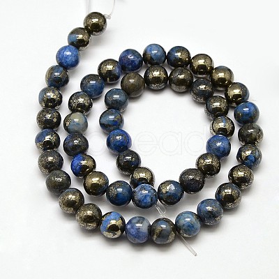 Electroplate Gemstone Natural Pyrite Round Beads Strands G-L129-8mm-01-1