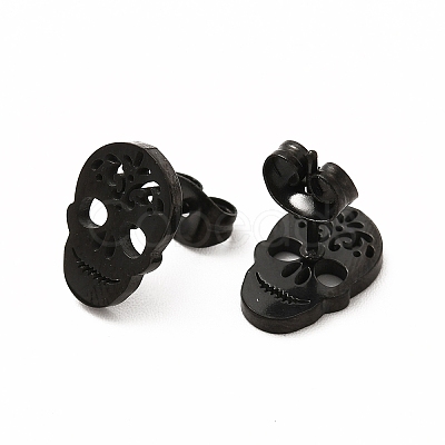 Halloween Skull with Flower 304 Stainless Steel Stud Earrings for Women EJEW-B019-05EB-1