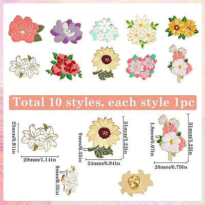 10Pcs 10 Styles Creative Flower Zinc Alloy Brooches JEWB-SC0001-47-1