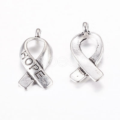 Breast Cancer Awareness Ribbon Carved Word Hope Tibetan Style Alloy Message Pendants TIBEP-S278-AS-LF-1