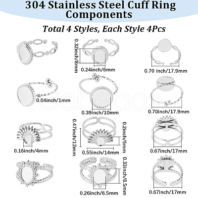 16Pcs 4 Styles 304 Stainless Steel Ovsl Cuff Ring Components RJEW-SC0001-38-1