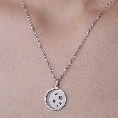 Non-Tarnish 201 Stainless Steel Moon with Star Pendant Necklace NJEW-OY001-11-1