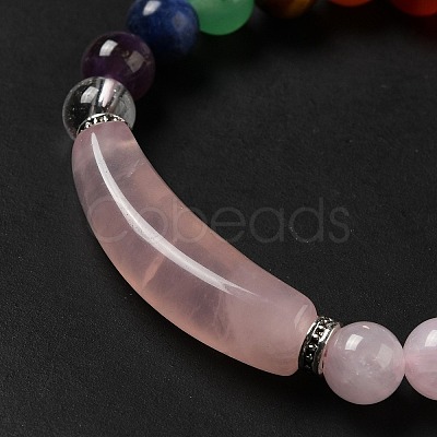 Natural Rose Quartz & Mixed Gemstone Beaded Stretch Bracelet with Heart Charm for Women BJEW-K164-B26-1