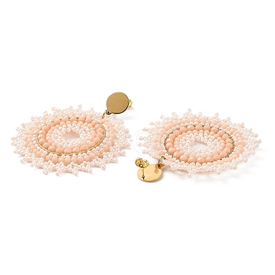 Woven Glass & Brass Beaded Sun Dangle Stud Earrings EJEW-A105-02G-1