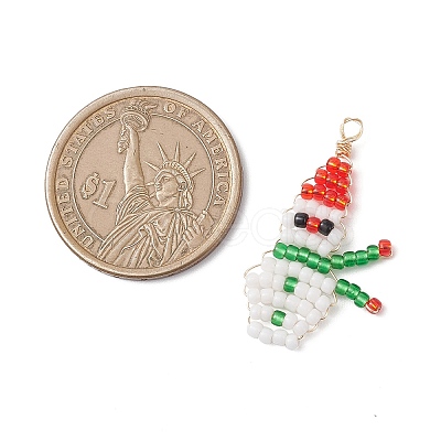 2Pcs 2 Colors Christmas Glass Seed Beaded Snowman Pendants PALLOY-MZ00940-1