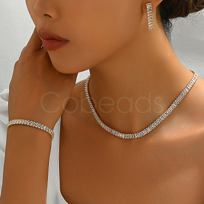 Rectangle Brass Pave Cubic Zirconia Bracelets & Earrings & Necklaces Sets for Women MG8263-1-1