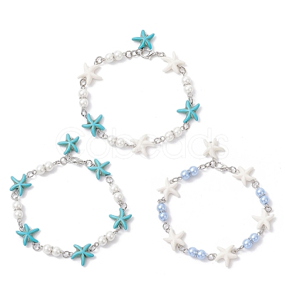 3Pcs Synthetic Turquoise Starfish Link Bracelets for Women BJEW-JB12469-1