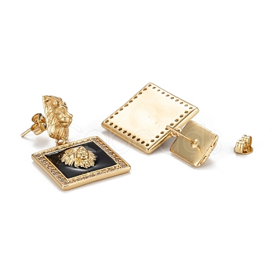 Square with Lion Sparkling Cubic Zirconia Dangle Stud Earrings for Girl Women EJEW-H126-03G-1