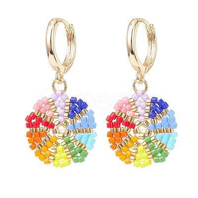 Rainbow Color Japanese Seed Braided Flower Dangle Hoop Earrings EJEW-MZ00003-1
