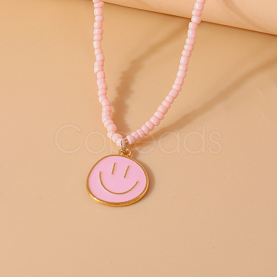 Alloy Enamel Smiling Face Pendant Glass Seed Beaded Necklaces for Women FS-WGD322E-05-1