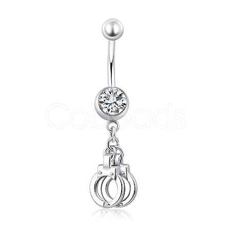 Piercing Jewelry Real Platinum Plated Brass Rhinestone Handcuffs Navel Ring Belly Rings AJEW-EE0001-36-1