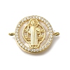 Brass Micro Pave Clear Cubic Zirconia Flat Round Saint Benedict Connector Charms KK-R002-29G-1