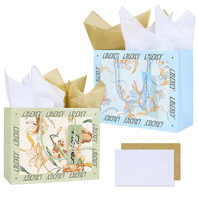 2Pcs 2 Colors Flower Printed Paper Packaging Bags with Rope Handle ABAG-SP0001-26-1