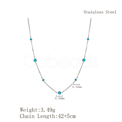 Vintage Synthetic Blue Turquoise 304 Stainless Steel Flat Round Link Chain Necklaces for Women QJ5506-1-1