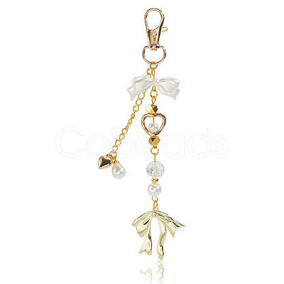 Bowknot & Heart Plastic Imitation Pearl Pendant Decorations HJEW-WH20020-006G-1