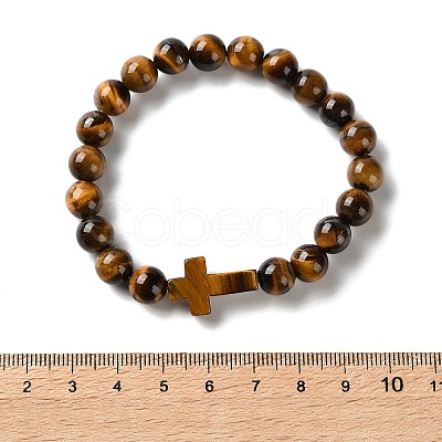 Natural & Synthetic Mixed Gemstone Cross & Round Beaded Stretch Bracelets BJEW-C119-01-1