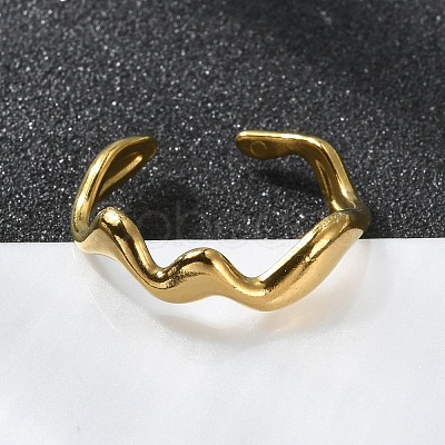PVD Vacuum Plating 304 Stainless Steel Wave Open Cuff Ring for Women RJEW-C040-02G-1