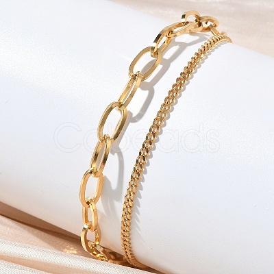 304 Stainless Steel Curb & Cable Chain Double Layer Bracelets for Women BJEW-G779-05G-1