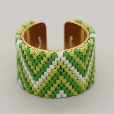 Adjustable Bohemian Style 304 Stainless Steel and Glass Seed Beads Cuff Rings FS-WG09053-09-1