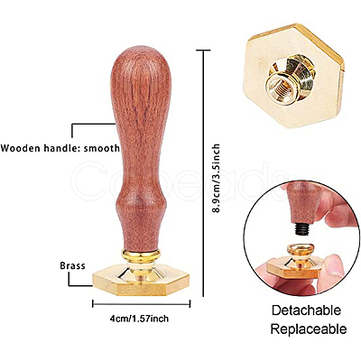 Hexagon Golden Tone Brass Wax Seal Stamp with Wood Handle AJEW-WH0375-0003-1