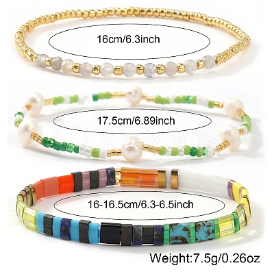 3Pcs 3 Styles Glass Seed Bead & Natural Gemstone Beads Stretch Bracelets for Women VZ5822-1-1