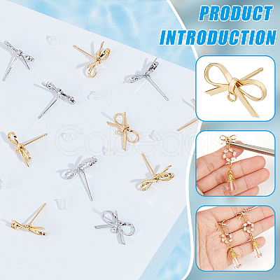 24Pcs 2 Colors Bowknot Brass Stud Earring Findings KK-BC0013-68-1