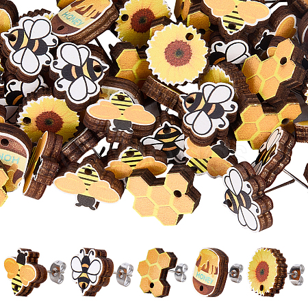 60Pcs 5 Styles Bee Theme Wooden Stud Earrings FIND-SC0020-61-1