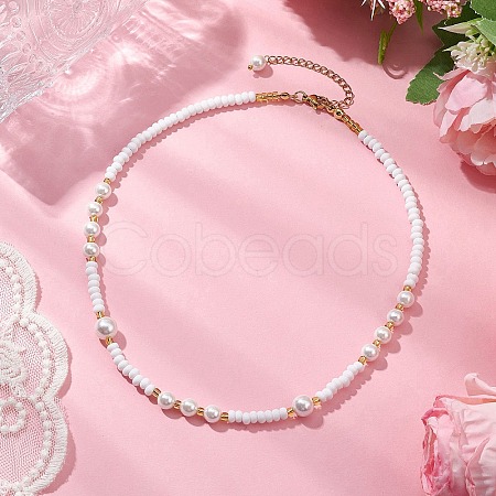 Shell Pearl Bead & Glass Seed Beads Beaded Necklaces for Women NJEW-MZ00073-01-1