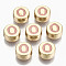 Alloy Enamel Beads, Cadmium Free & Lead Free, Flat Round with Initial Letters, Light Gold, Pink, Letter.O, 8x4mm, Hole: 1.5mm