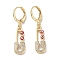 Real 18K Gold Plated Brass Dangle Leverback Earrings, with Enamel and Cubic Zirconia, Safety Pin with Evil Eye, Red, 36.5x8mm