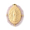 304 Stainless Steel Oval Embossed Jesus Pendants, Synthetic Luminous Stone Faceted Round Beaded Charms, Real 14K Gold Plated, Misty Rose, 25.5x19x2.5mm, Hole: 1.2mm