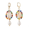 Natural Shell and Pearl Wrapped Dangle Hoop Earrings EJEW-TA00049-4