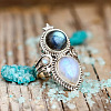 Teardrop & Oval Bohemian Style Zinc Alloy with Resin Imitation Moonstone/Rhinestone Finger Rings FS-WGFB6C4-03-2
