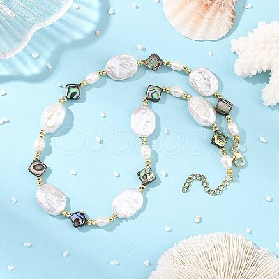 Natural Paua Shell Rhombus & Natural Baroque Keshi Pearl Oval Beaded Necklaces with 304 Stainless Steel End Chains NJEW-JN06522-1