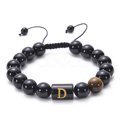 10MM Natural Black Onyx(Dyed & Heated) and Tiger Eye Alphabet Round Braided Bead Adjustable Bracelets for Women DM6424-4-1