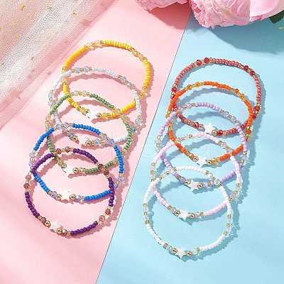 10Pcs Glass Seed Beads & Glass & Natural Trochid Shell Beaded Stretch Bracelets for Women BJEW-MZ00285-1