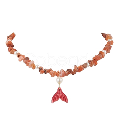Natural South Red Agate Chip & Imitaton Round Pearl Beaded Adjustable Necklaces NJEW-JN05227-06-1