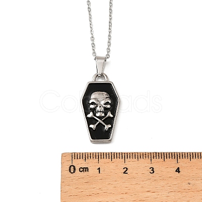 Halloween Theme 304 Stainless Steel Black Enamel Coffin with Skull Pendant Necklaces for Men LS-NJEW-Z090-01P-1