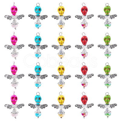 Skull Angel Synthetic Turquoise & Glass Pendants PALLOY-TAC0115-1