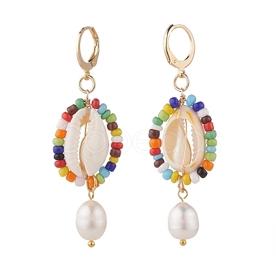 Natural Shell and Pearl Wrapped Dangle Hoop Earrings EJEW-TA00049-1