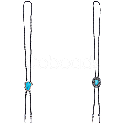 2Pcs 2 Styles Alloy & Synthetic Turquoise Oval Triangle Pendant Boho Tie Lariat Necklaces NJEW-GF0001-18-1