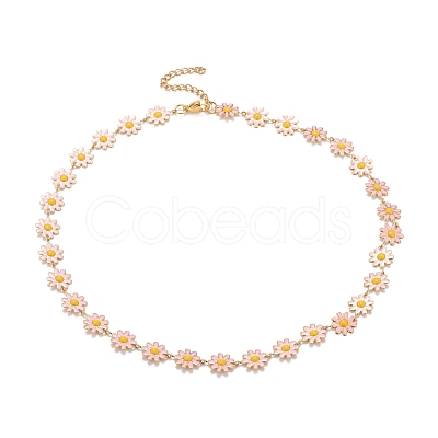 Enamel Daisy Link Chain Necklace NJEW-P220-01G-05-1
