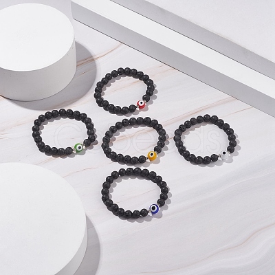 Natural Lava Rock Round Beaded Stretch Bracelet with Evil Eye Lampwork BJEW-JB07838-1