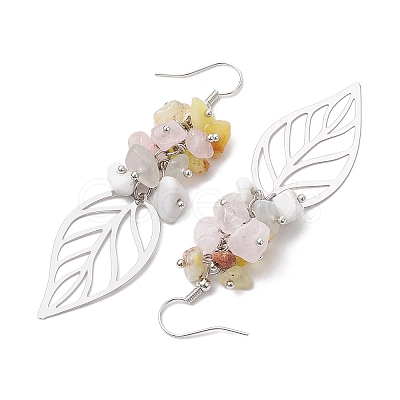 Leaf 201 Stainless Steel Natural Rose Quartz & Natural Howlite & Natural White Moonstone & Natural Yellow Opal Chip Dangle Earrings EJEW-JE06138-01-1