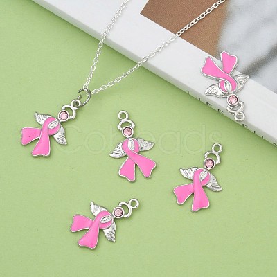 Breast Cancer Awareness Ribbon with Angel Wing Platinum Color Pearl Pink Alloy Rhinestone Enamel Pendants X-ENAM-D001-2-1