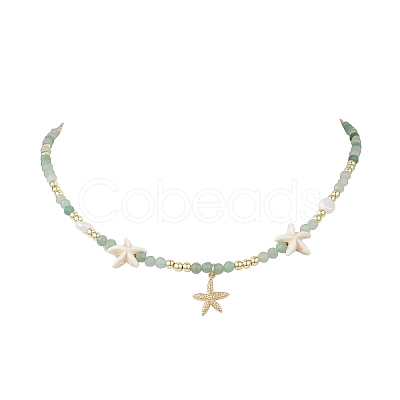Dyed Natural Agate Faceted Round and Natural Cultured Freshwater Pearl & Starfish Synthetic Turquoise Beaded Brass Starfish Pendant Necklaces for Women NJEW-JN05496-02-1
